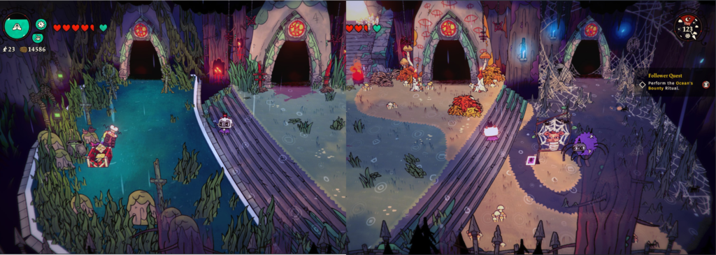 Two screenshots spliced together to show the dungeon hub of Cult of the Lamb
