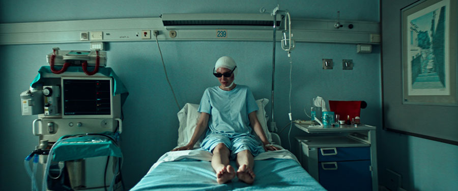 Still depicting actress Ilenia Pastorelli in character recovering in a hospital in the upcoming movie Dark Glasses
