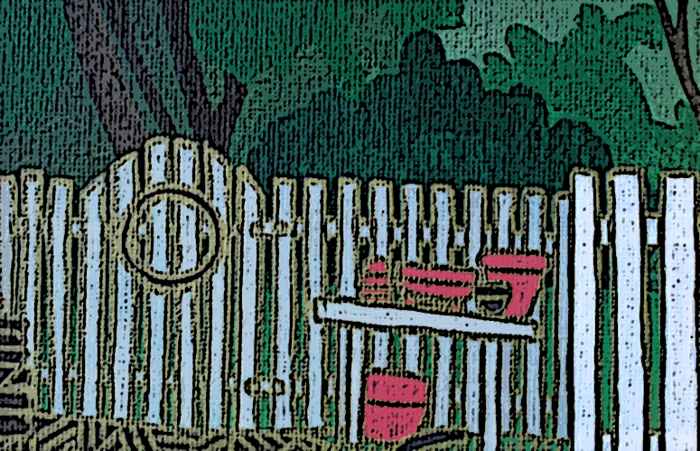 Witch fence at the edge of the forest, digitally altered painting by Jennifer Weigel