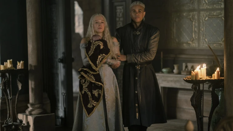 Rhaenyra Targaryen and Laenor Velaryon with their new baby