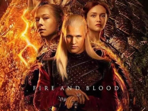 House of the Dragon promo image. Shows three main characters: Rhaenryra, Alicent and Daemon against a dragon themed background
