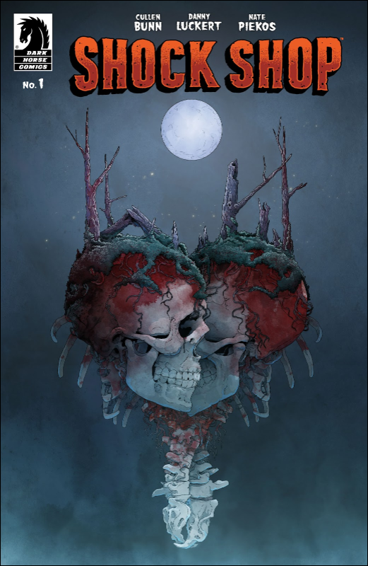 'Shock Shop' #1 depicts two skuls and spines in an embrace with plant growth set against a moonlit night... creepy!