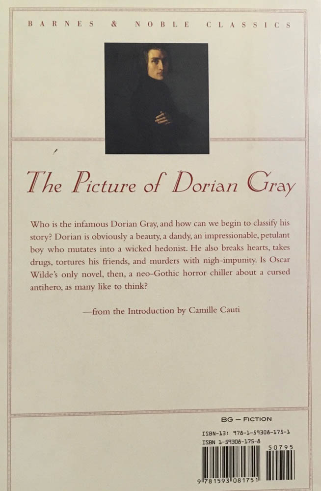 Oscar Wilde, The Picture of Dorian Gray rear cover, Barnes & Noble Classics with brief intro text.