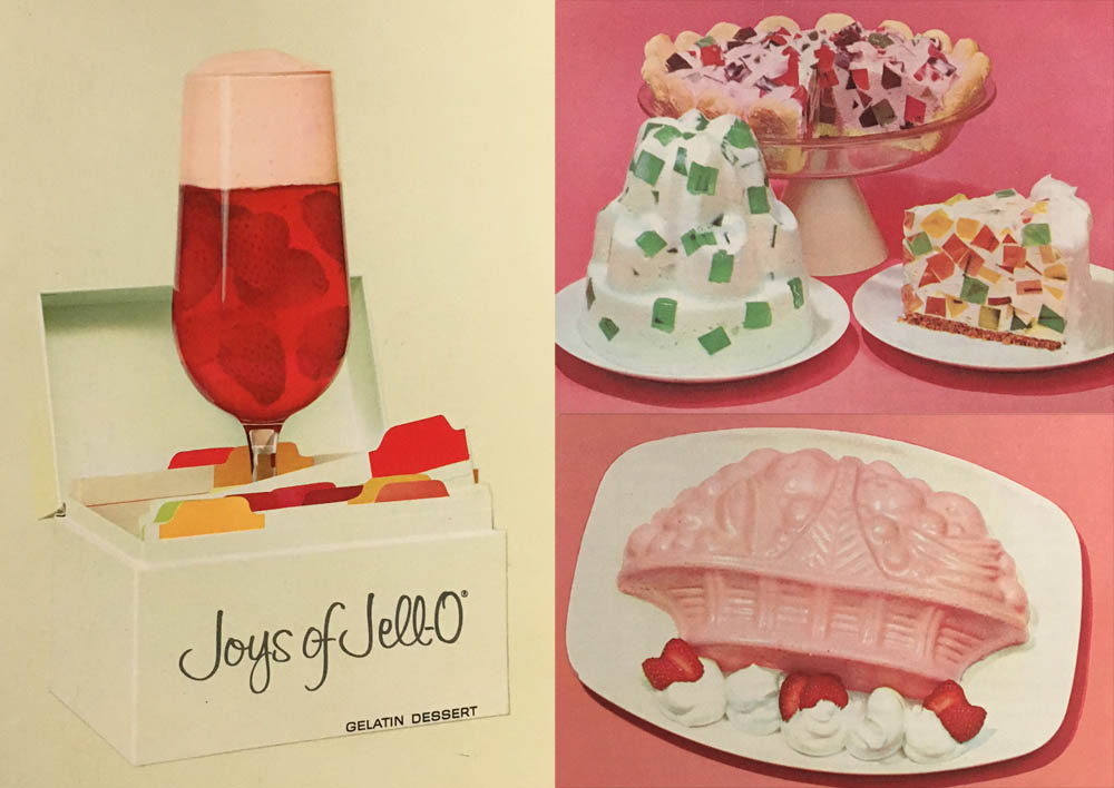 Some seemingly safe Jell-O variants involving fruit, though the pie crust and pink fruit basket mold simply must come into question from a culinary appeal standpoint.