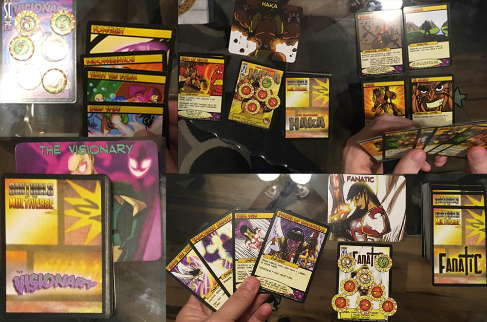 Some Sentinels of the Multiverse hero character decks and setups with Fanatic, Haka, and The Visionary