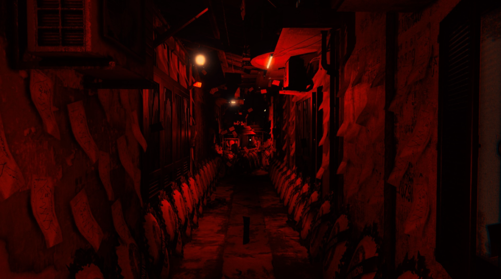 Thần Trùng (The Death) Game Review. Alleyway drenched in red light and papered with talismans.