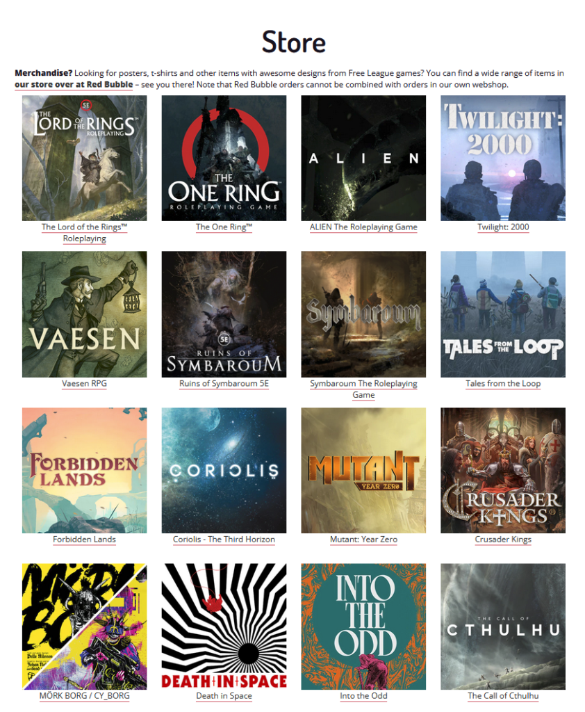 shows a grid with the following titles: The Lord of the Rings Roleplaying, The One Ring, ALIEN the Roleplaying Game, Twilight: 2000, Vaesen RPG, Ruins of Symbaroum 5E, Symbaroum the Roleplaying Game, Tales From the Loop, Forbidden Lands, Coriolis - The Third Horizon, Mutant: Year Zero, Crusader Kings, MORK BORG/ CY_BORG, Death in Space, Into the Odd, and The Call of Cthulu