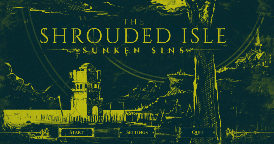 A screenshot of the loading screen for the Shrouded Isle which shows an eerie island landscape.