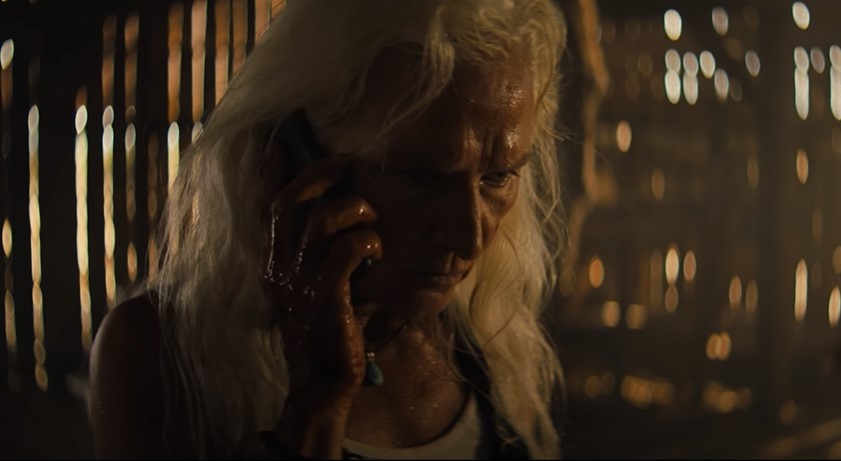 Olwen Fouéré as Sally Hardesty holding a cell phone in a bloodied right hand. Her wavy white hair flows down the sides of her shoulders as a look of anger paints across her face. She appears to be standing in a makeshift barn or shed of sorts, as beams of light creep through the cracks of the wood. 