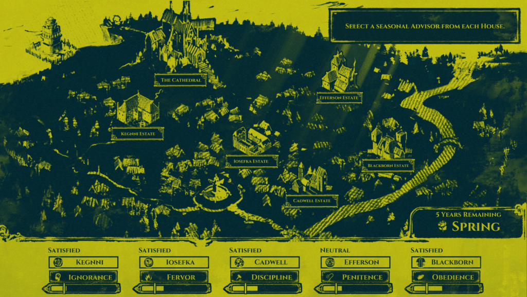 A screenshot of gameplay from the Shrouded Isle that shows the map of town and the estates of the five family houses. 