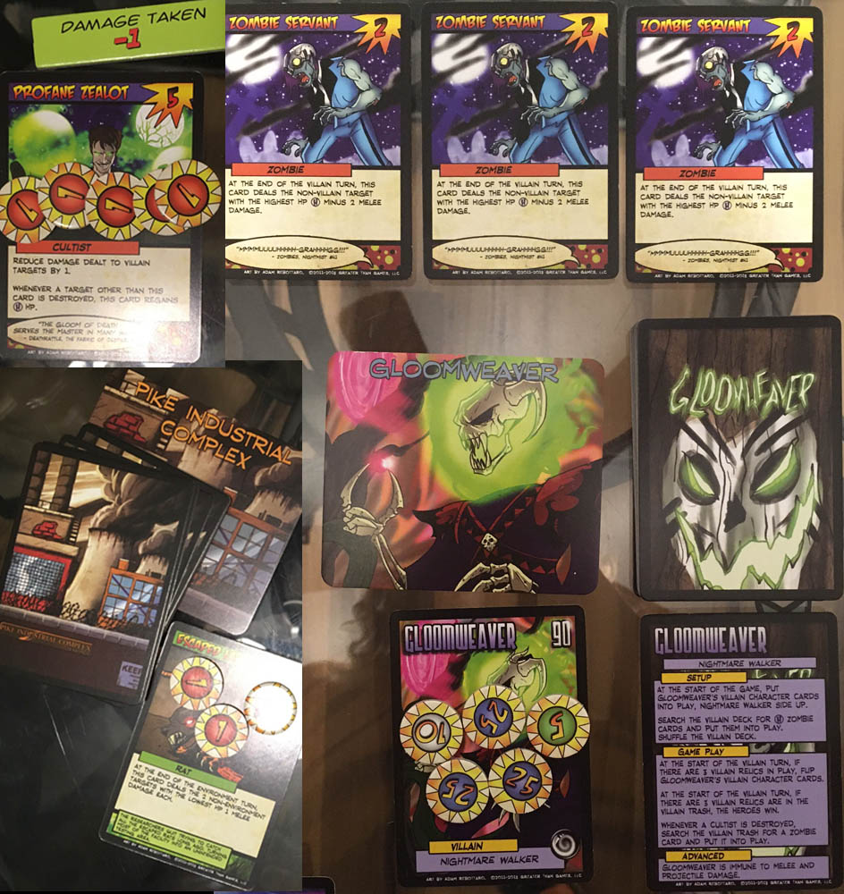 Some of the Sentinels of the Multiverse villain and environmental challenges, as set up at Pike Industrial Complex with Gloomweaver and his Zombie Hordes 