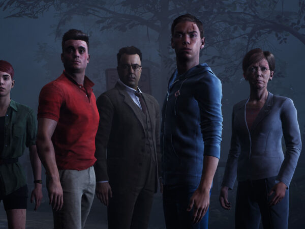 Five main characters stand in the middle of the woods looking ahead. From left to right - Taylor, Daniel, John, Andrew and Angela