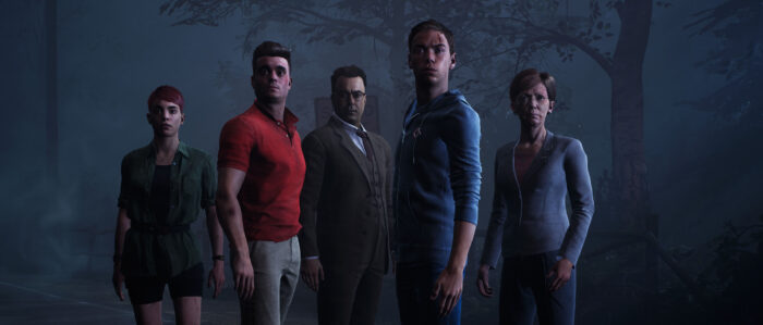 Five main characters stand in the middle of the woods looking ahead. From left to right - Taylor, Daniel, John, Andrew and Angela