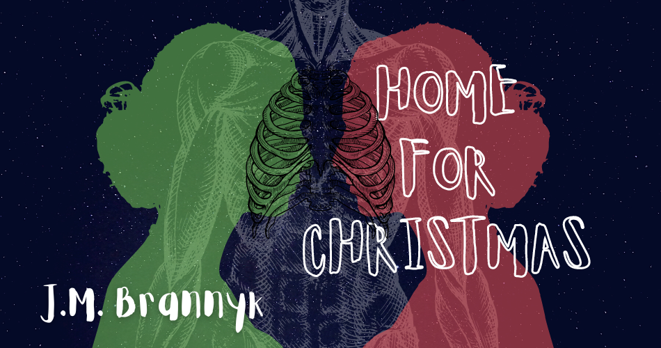 Home for Christmas banner with two women almost kissing and an anatomical body in the background of stars 