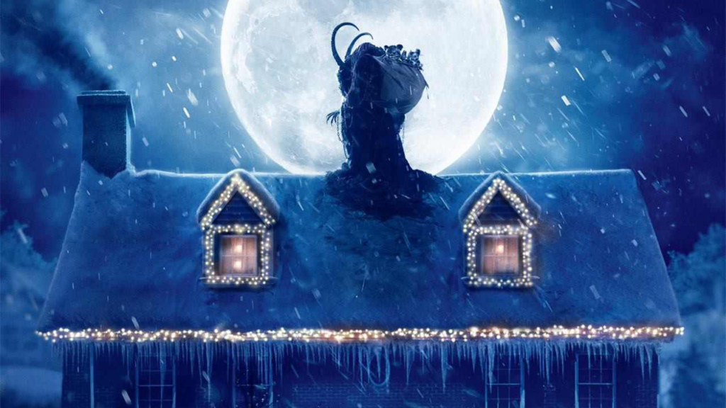 Image of the Krampus standing atop a snow-covered rooftop carrying his sack of killer toys; his sinister silhouette outlined in large glowing full moon. Strings of sparkling white Christmas lights etch the 2 windowpanes to the left and right of Krampus. The same lights can be found along the bottom of the roof accompanied with tapering icicles. Flakes of snow dust mixed shades of blues, bringing eerie gothic undertones.  