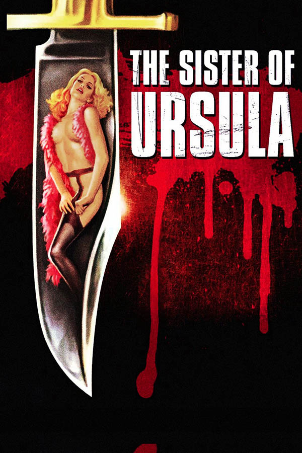 An image of a large hunters kife and reflection of a pinup woman lifting her stocking up her thighs. A Bright pink floral boa drapes her neck barely covering her breasts., Her hair is a full blone flowing to her shoulders. The hunters blade gleams as blood runs down the backdrop of the cover. The title, The Sister of Ursula is printed in bold scratched white font. 