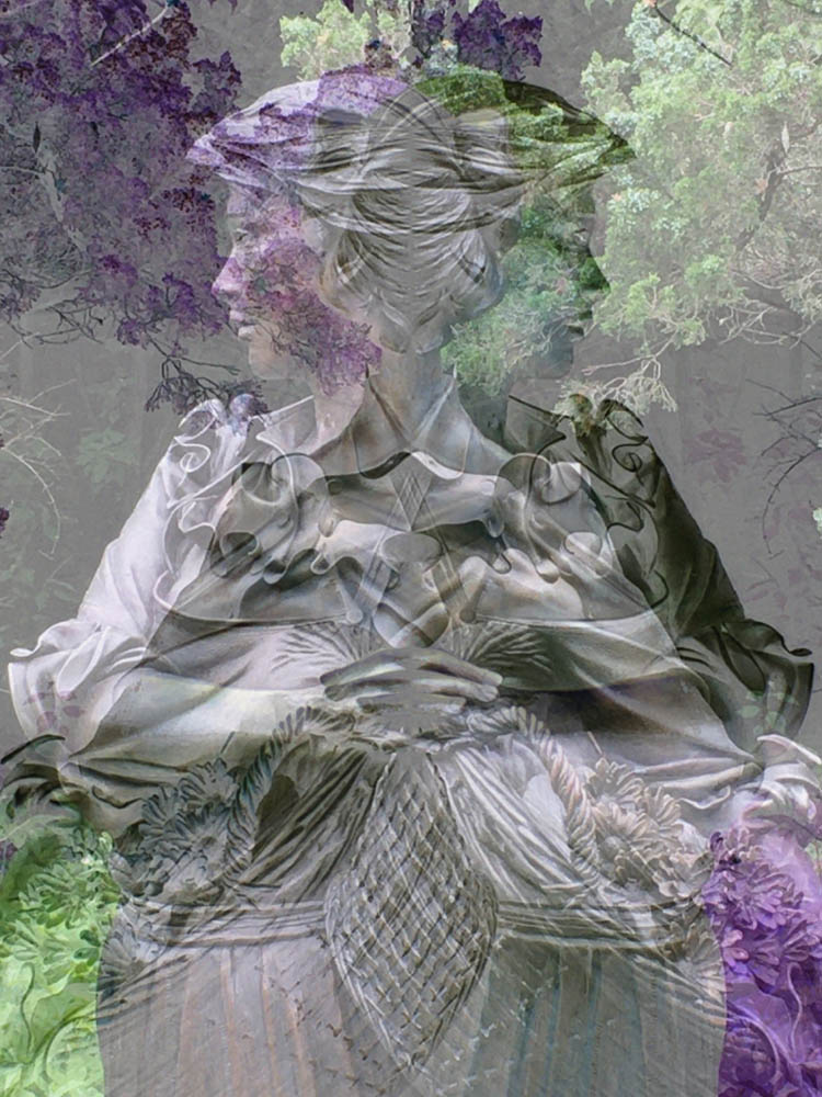 Oblivion: Heading Home, a Shadowrealm version of my Reversals series art featuring a mirrored statue of a girl holding a basket