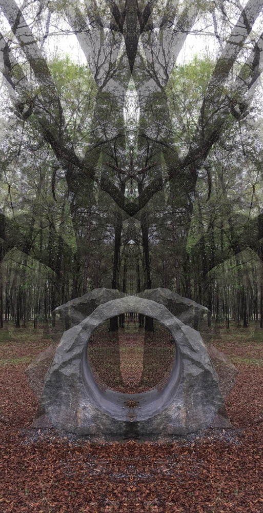 An Elven portal in the woods, emerging from stone and forest floor.