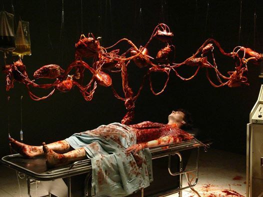 the dead boy of a man lays cut open on a surgical table, his insides, arteries, and nerves displayed in artistic fashion hanging above his head. Blood covers the entire body and table, the surgeon green blacket draping the lifeless body stained in scarlet fluid as the haunting blackness begins to swell over the room. 