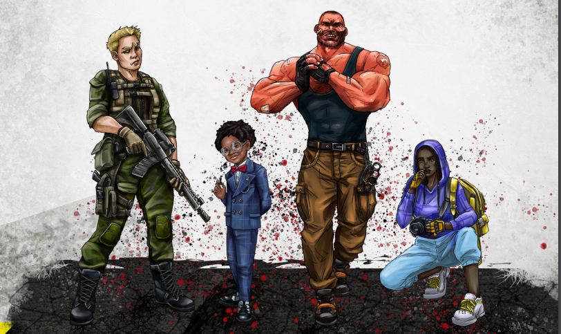 RPG Games like Everyday Heroes have characters. This picture is one that includes four different characters. Left to right: A woman in full combat gear, a dark skinned child in a suit, a large orange skinned brute, and a photographer in a hoodie.