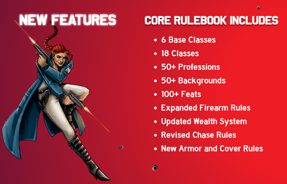 A picture of a woman shooting two handguns in different directions. The words 'core rulebook includes: 6 base classes, 18 classes, 50+ professions, 50+ backgrounds, 100+feats, expanded firearm rules, updated wealth system, revised chase rules, new armor and cover rules'