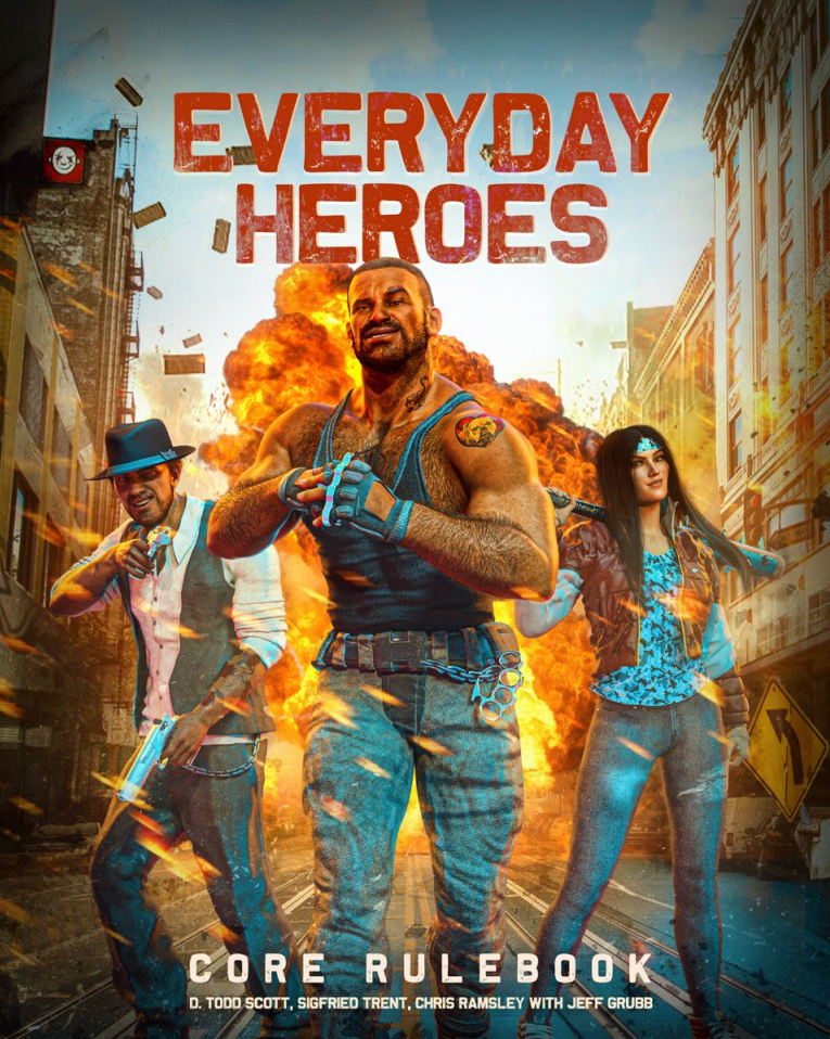 Everyday Heroes core corebook. Three people (a gambler, a brawler, and a woman baseball bat wielder walk down the street. An explosion is in the background.