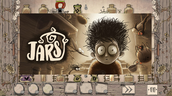 A child with wild hair and wide eyes surrounded by bugs. The word "Jars".