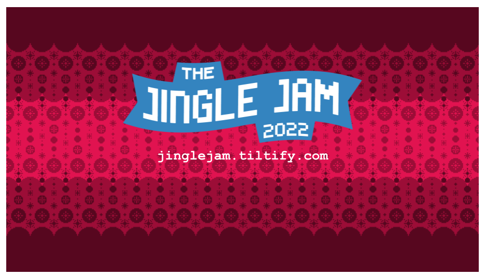 A red background with a banner that says "The Jingle Jam" and jinglejam.tiltify.com