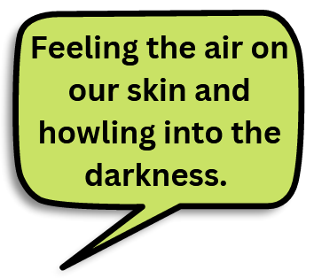 Text continues: Feeling the air on our skin and howling into the darkness. 