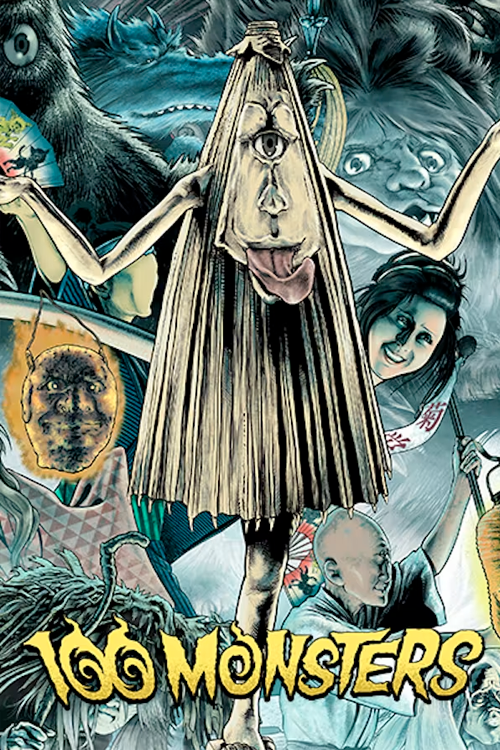 A kasa-obake, or posessed paper umbrella yokai poses on the cover image for 100 Monsters