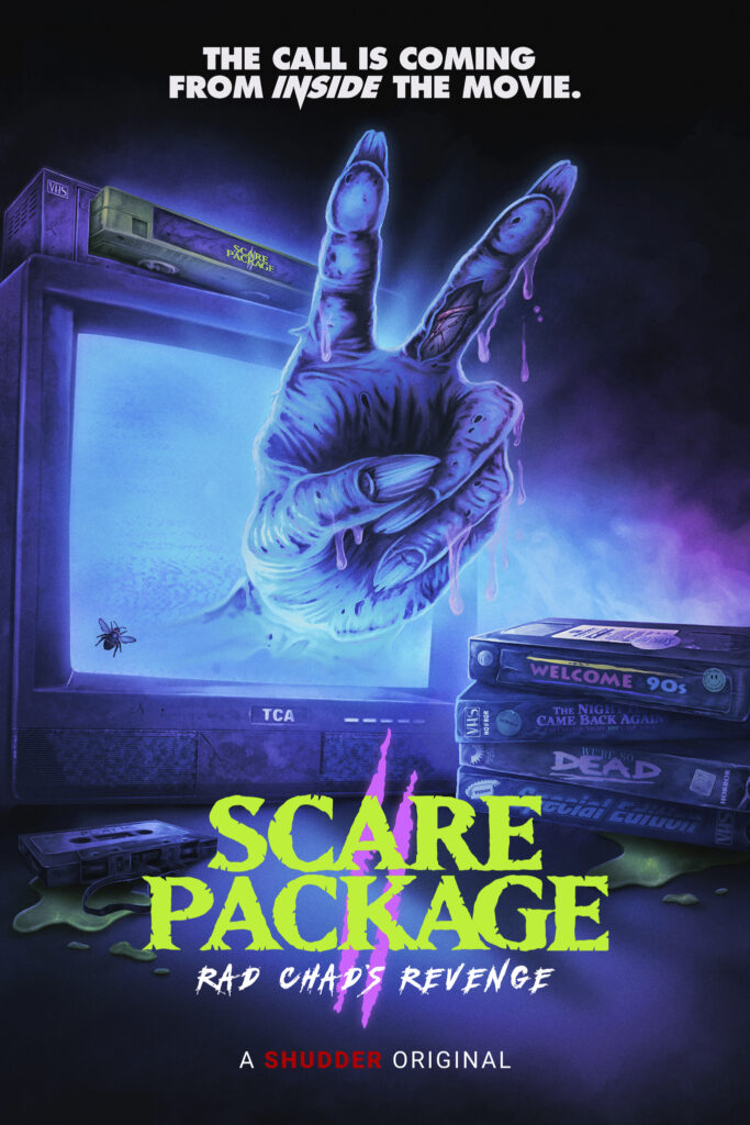 a retro 80's style poster with a tube tv in the background. A zombiefied hand reaches out of the screen holding 2 fingers up signifying the film being a sequel. The title of the movie is in Bold Green and white print with 2 purple claw dashes for 2's. The tagline on the poster in bold white print reads "The Call is coming from inside the movie." are above the rotting hand. 4 VHS boxes lie on the white-noise gleaming television with the films segments as title for the movies. 