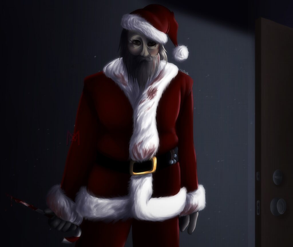 drawn image of "Santa Claus"  or rather, an escaped mental patient dressed as him. He stands there, sharpened candy cane grasped in his right hand, blood dripping down point. Splotches of blood cover the white fur lining of his coat. His iconic hat tilted to one side. Peering closed into his eyes, you see this is not his face no, this is a mask...a flesh mask. Streaks of crimson run down his grey dingy beard. His eyes black in shadow. A door creaked open to his right blows in flakes of snow behind him. 