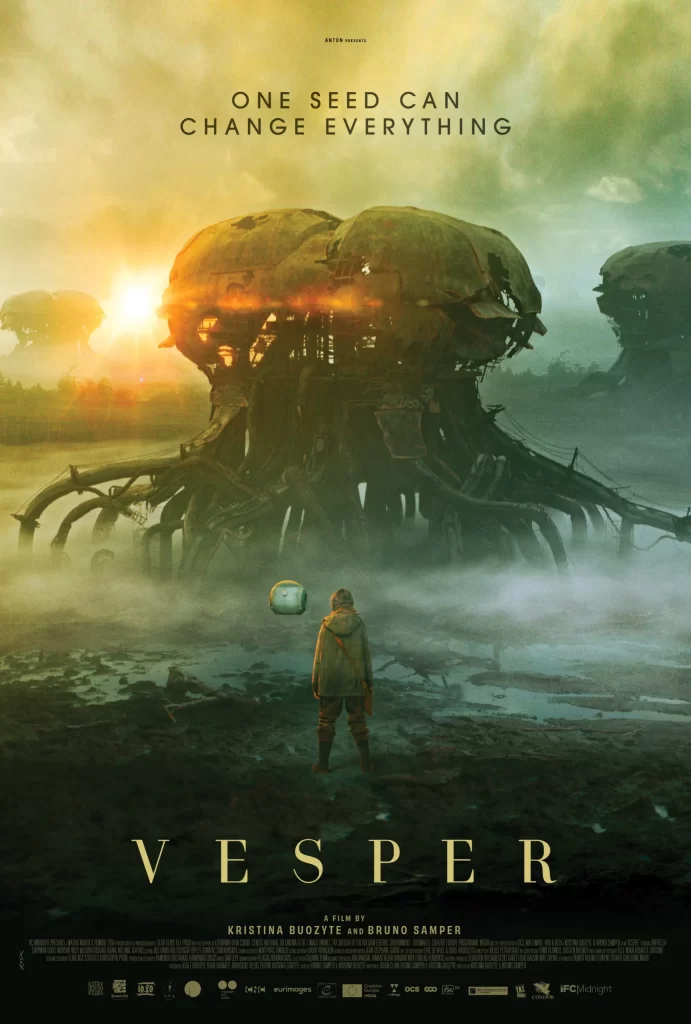 official poster for Vesper. Image of the main character and her hovering robot companion standing in a marsh, In front of them sits a large ship/robot of some kind with mist rolling across the puddled ground. 2 more of the large metallic structures sit in the background as the sun begins to set. 