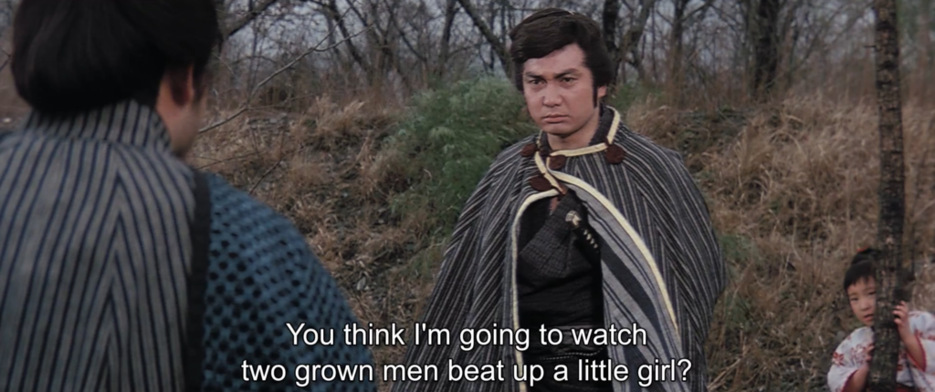 Hyakutaro guards Miyo from the yakuza. Caption: You think I'm going to watch two grown men beat up a little girl?