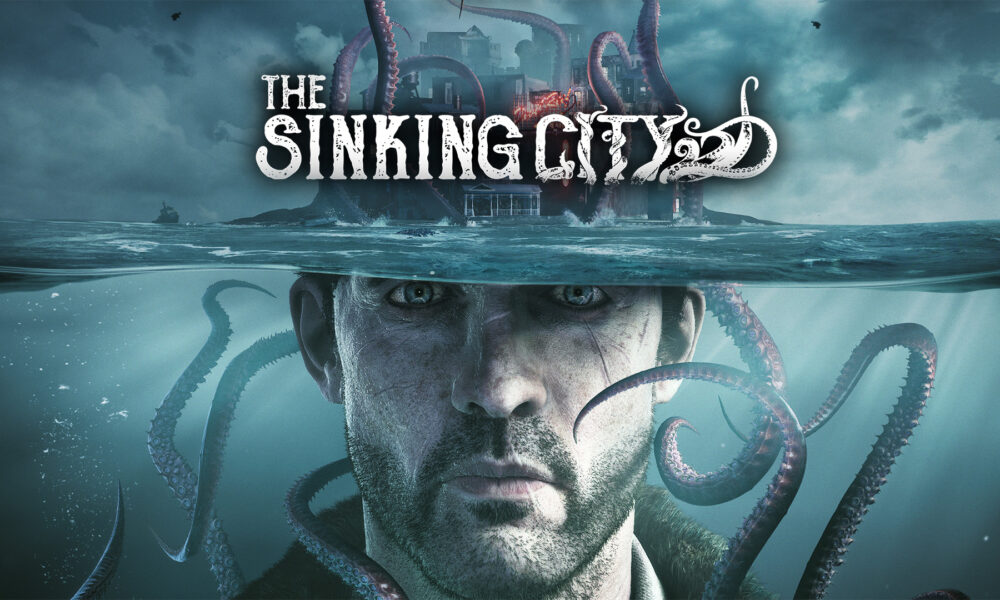 A man's face submerged in water and covered in tentacles with the words "The Sinking City"