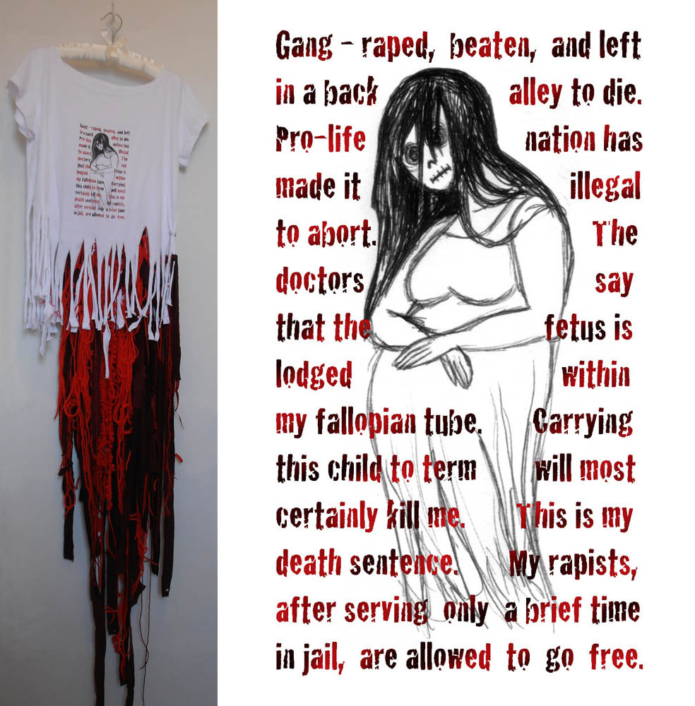 Death Sentence artwork by Jennifer Weigel, maternity shirt and detail