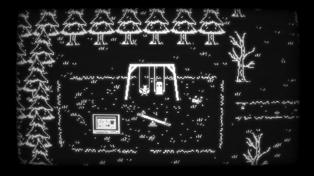 The player character and a stuffed animal sitting on a swing set, in black and white pixel graphics. From Buddy Simulator 1984's Steam page.