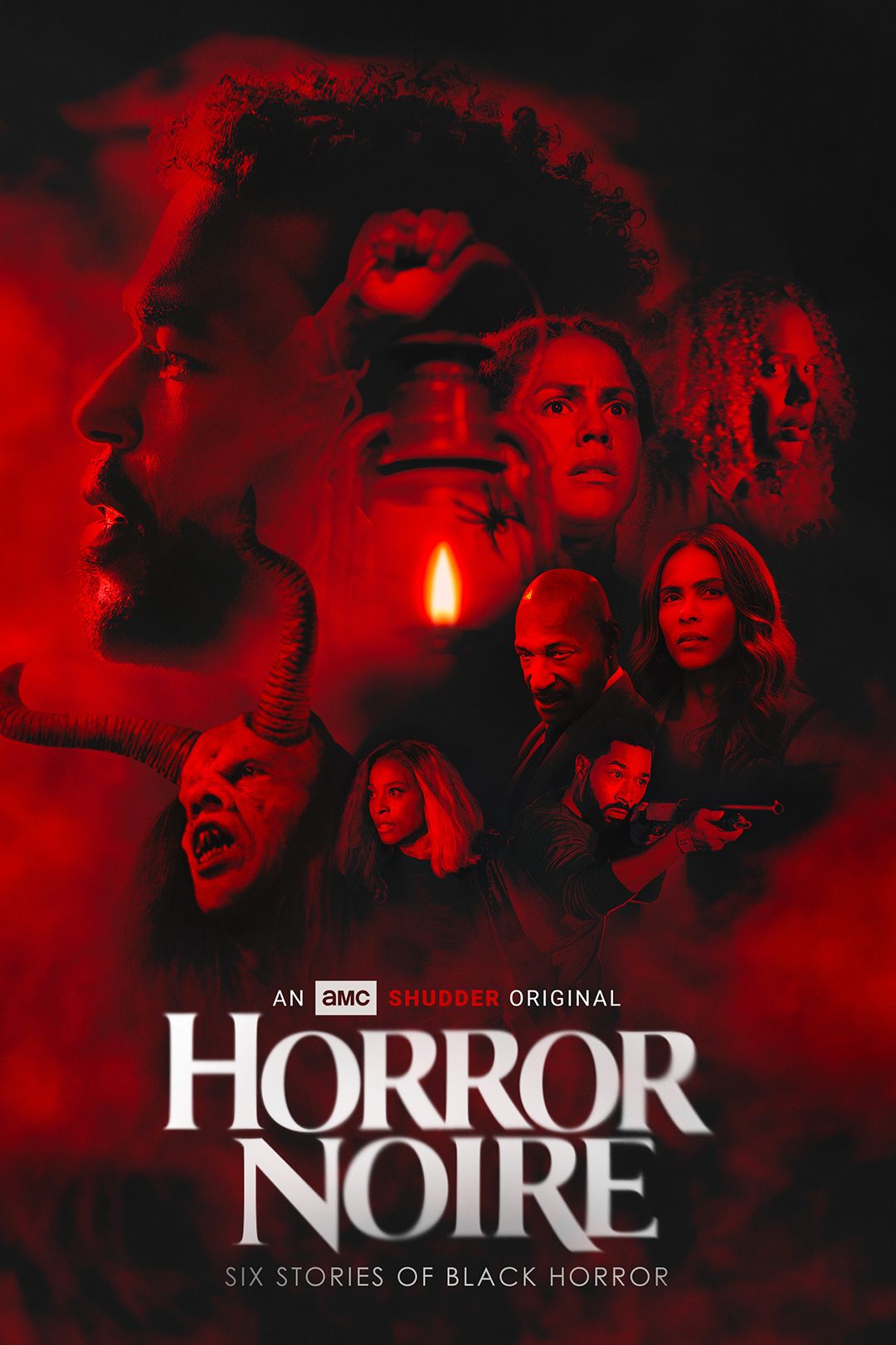 Horror Noire 2021 Cover Art: Collection of cast leads looking away under a blood red filter with a red light in the center