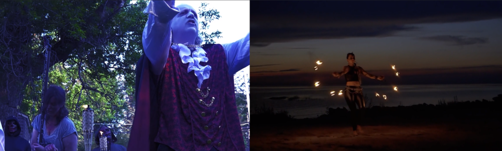Two shots from Sharkula, with a bright yet blue shot of the film's characters on the left, and a shot of a fire dancer at night on the right.