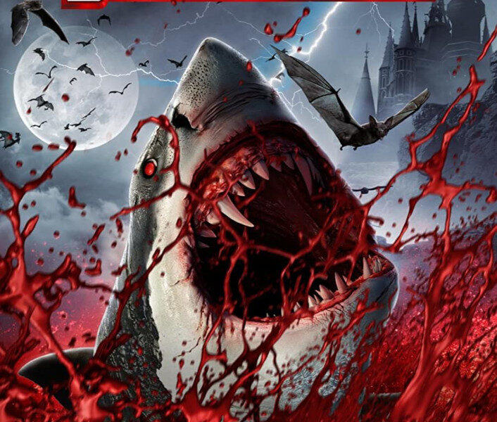 Sharkula film poster. A vampire great white breaches out of an ocean of blood in front of a spooky castle.