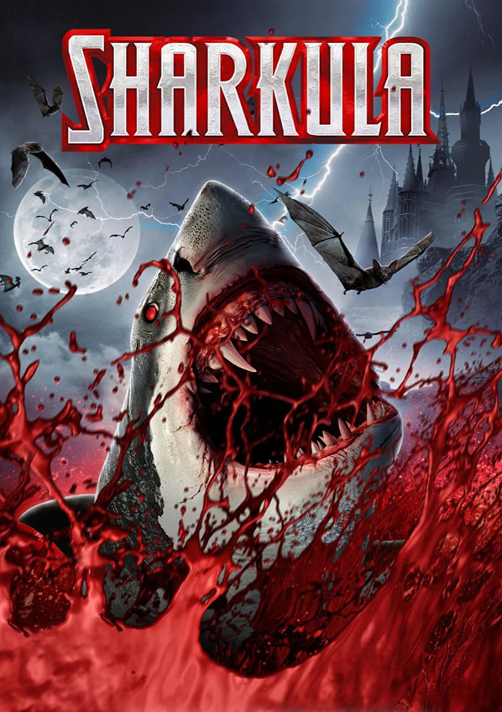 Sharkula film poster. A vampire great white breaches out of an ocean of blood in front of a spooky castle.