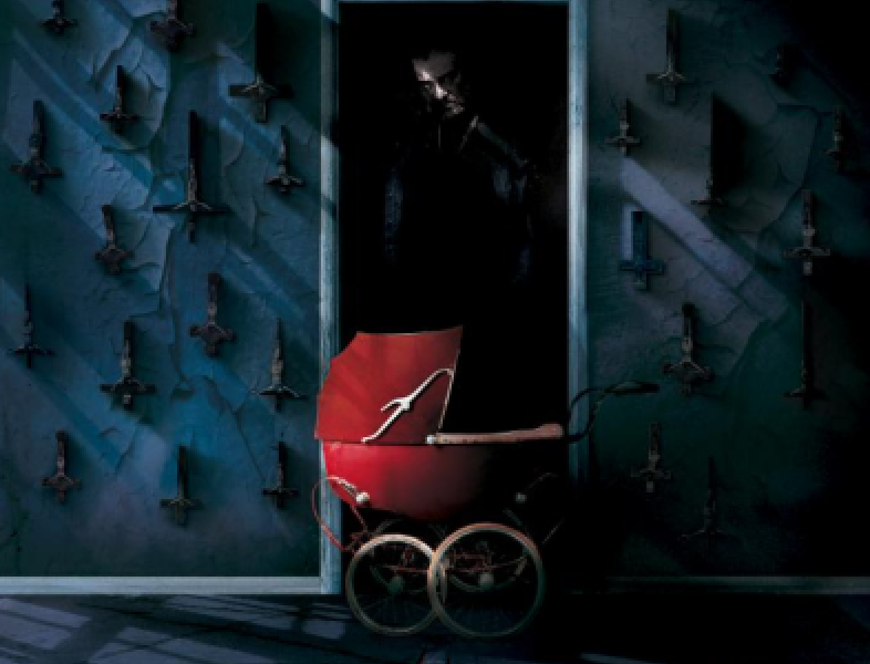 Belzebuth Cover Art, red stroller in dark house