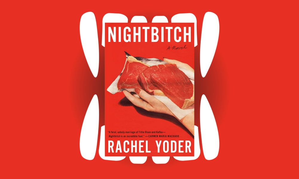 The cover of Nightbitch by Rachel Yoder in which a woman holds three raw steaks against a red background
