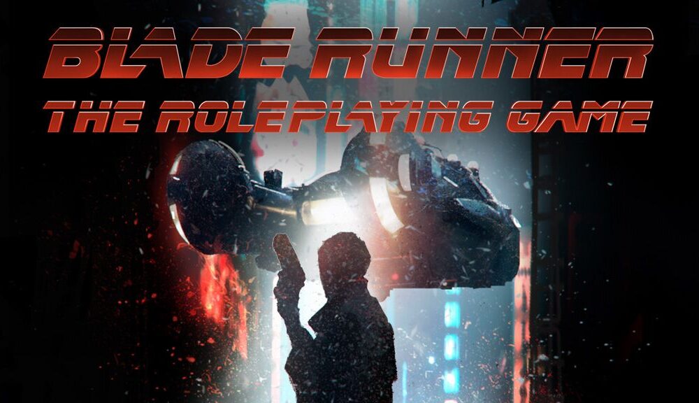 Words "Blade Runner The Role Playing Game" over a man in a neon city street with a gun
