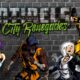 A grey brick wall with four people standing in front of it and the title Sentinels of the Multiverse Rook City Renegades