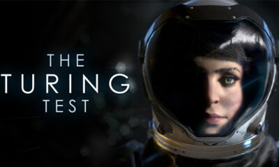 A woman in an astronaut helmet looking ahead in the dark with the words The Turing Test
