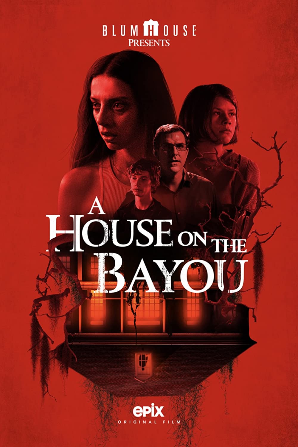 Red background, the leading cast at the top, upside down is the house on the bayou