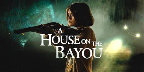 Girl with a shotgun with the title "A House on the Bayou" atop the image