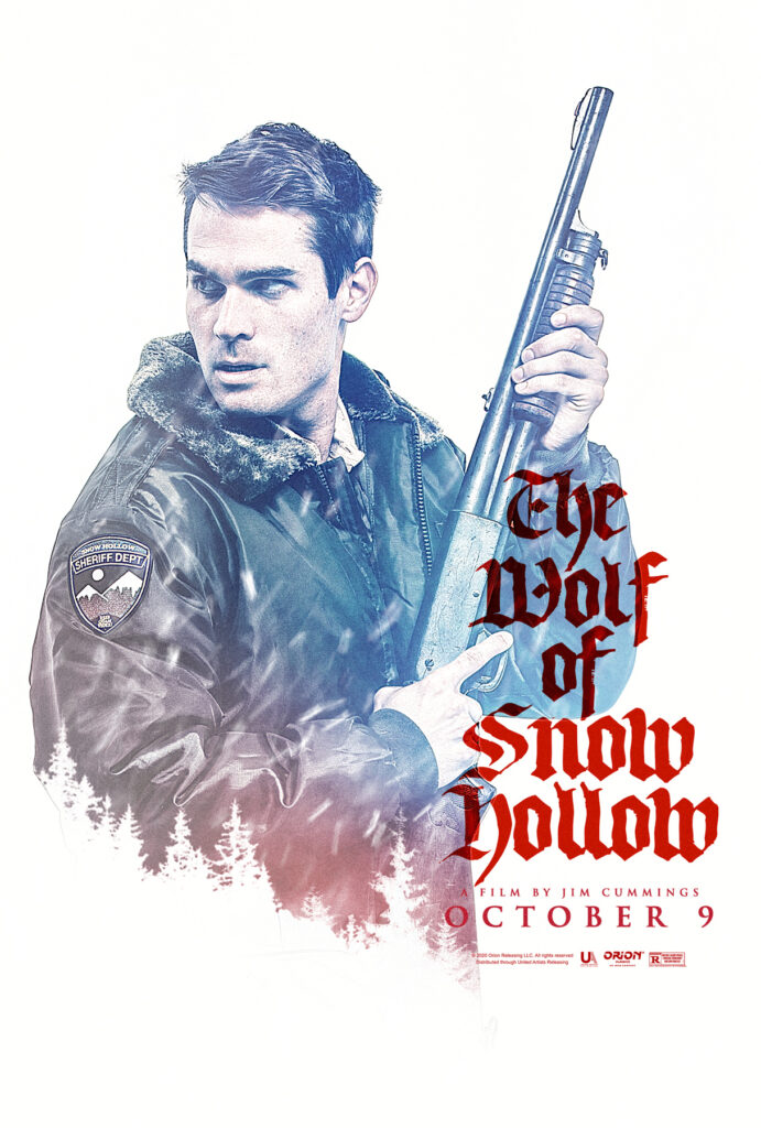 Sheriff Marshall with a shotgun, looking behind him with the title "The Wolf of Snow Hollow" written in red