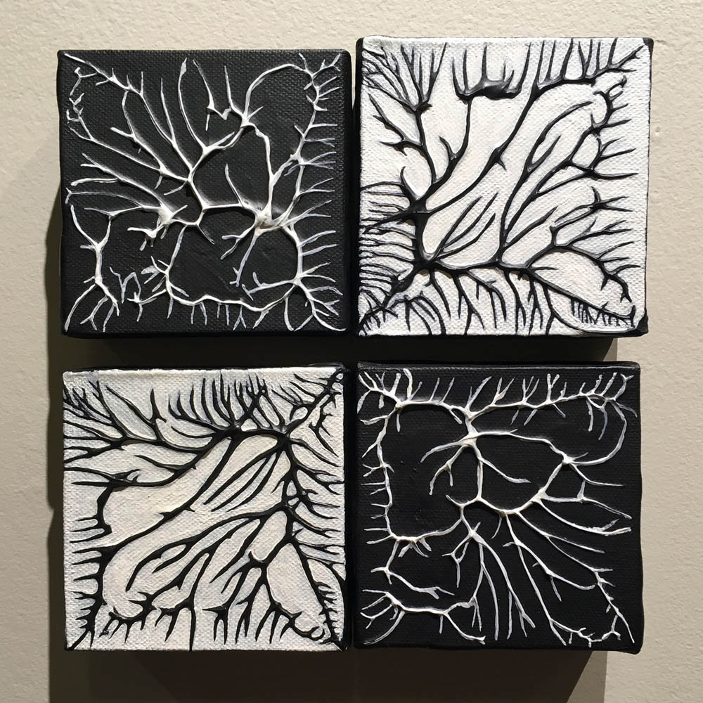 Just Breathe positive-negative Rorschach canvases by Jennifer Weigel, textural black and white veining art